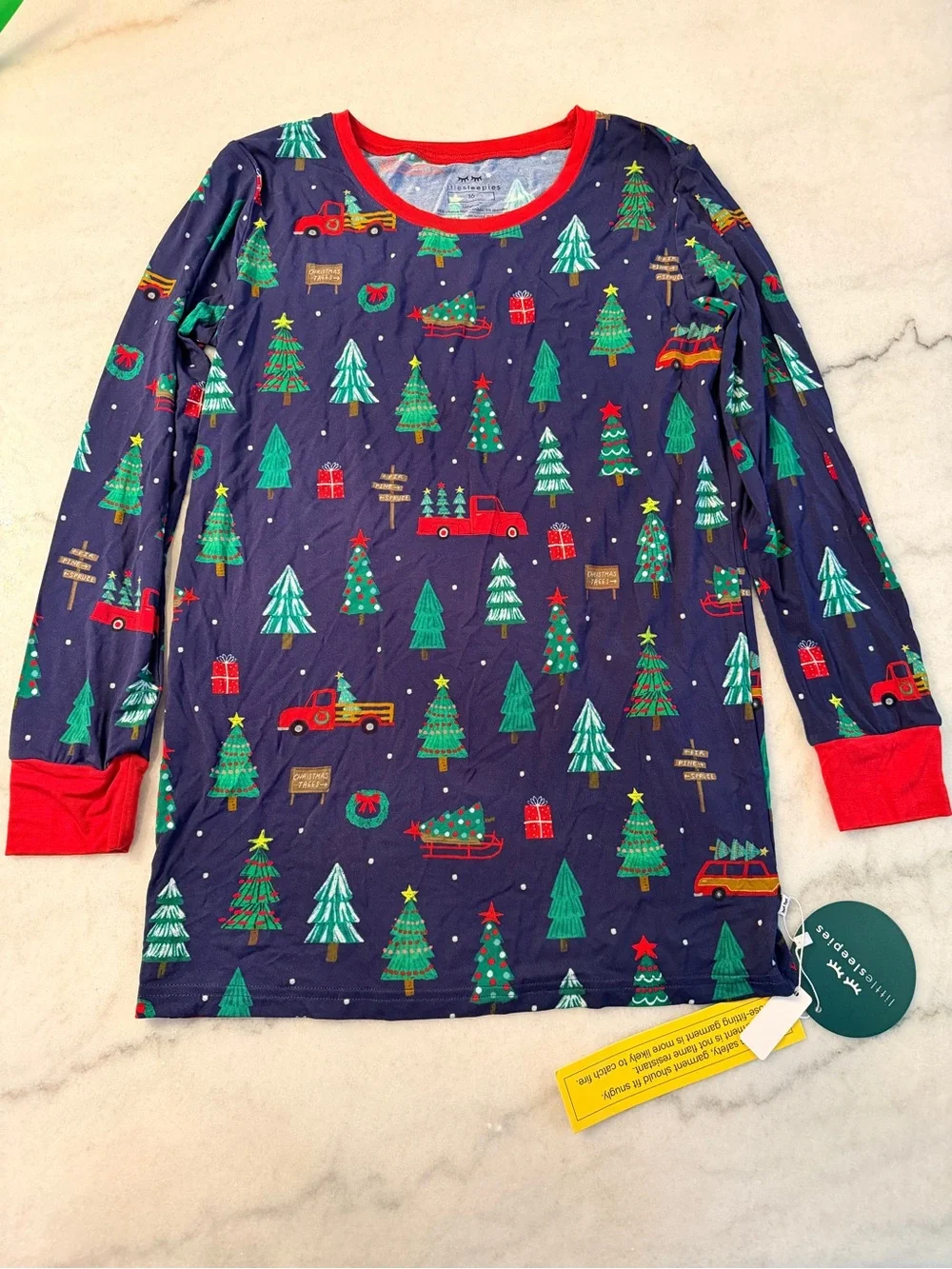 Little Sleepies Navy Holiday Trees & Trucks Pajama Top with Red Trim
